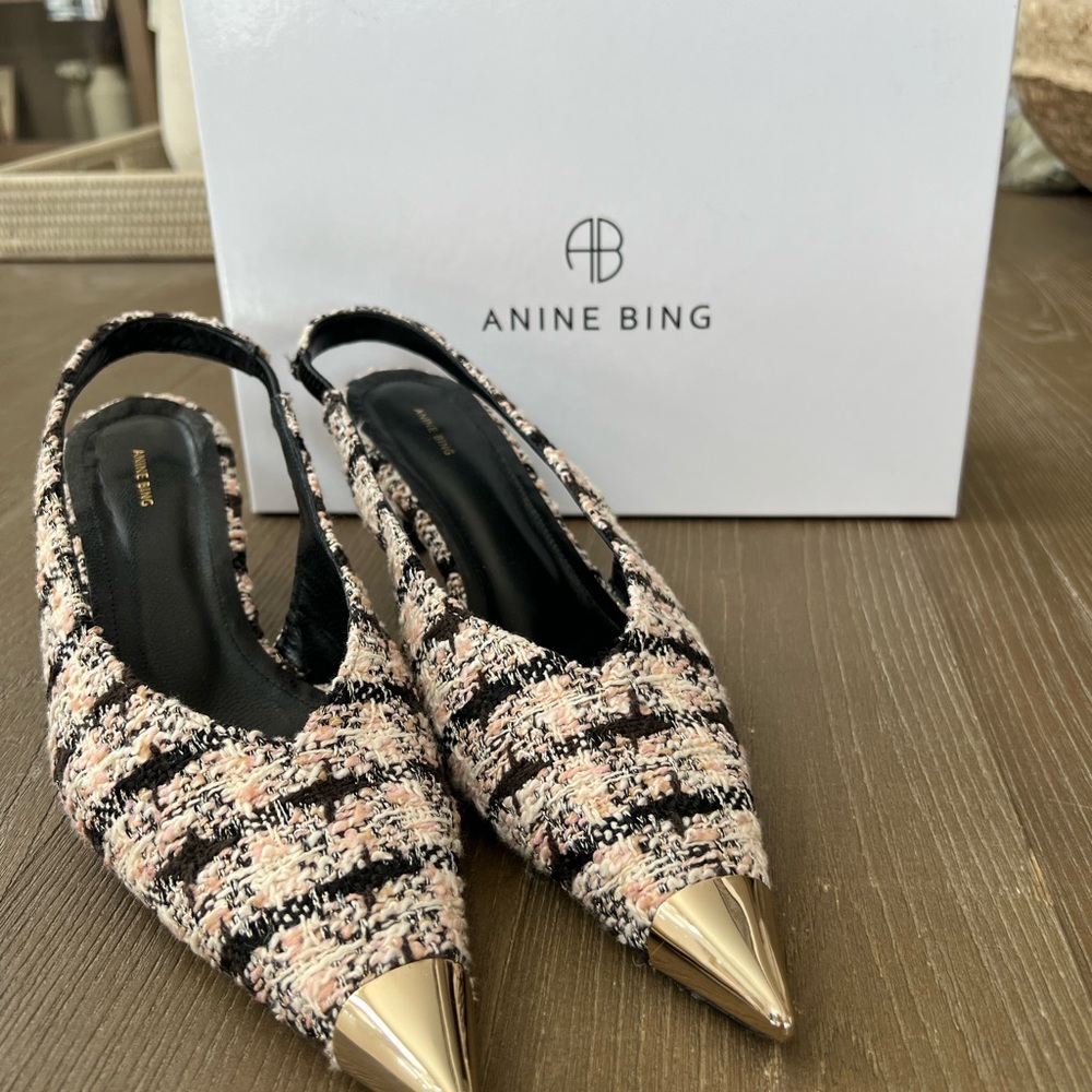 Anine Bing Nina Slingback Heels with Metal Toe in Black/Cream/Apricot Tweed - Picture 3 of 11